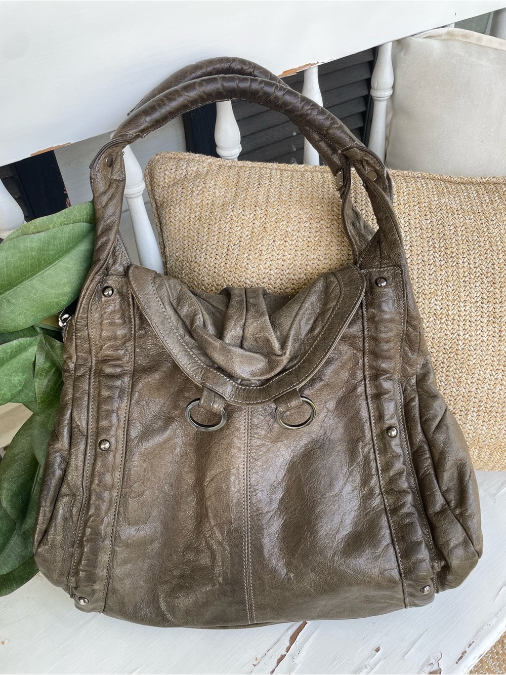 Vintage LUBA J Leather Hobo Shoulder Bag Y2K, Dark Olive Green